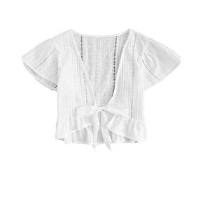 بلوزة نسائية صيفية من Floerns برقبة على شكل حرف V وعقدة عالية ومنخفضة in Kuwait