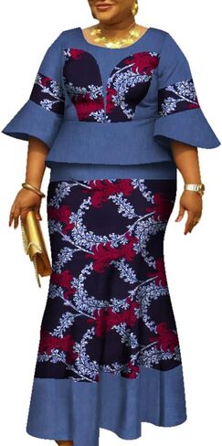 Women African Print Ankara Dresses Bazin Riche Ruffle Sleeve Dress Womens Skirt Set in Saudi Arabia
