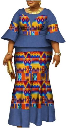 Women African Print Ankara Dresses Bazin Riche Ruffle Sleeve Dress Womens Skirt Set in Saudi Arabia
