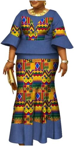 Women African Print Ankara Dresses Bazin Riche Ruffle Sleeve Dress Womens Skirt Set in Saudi Arabia