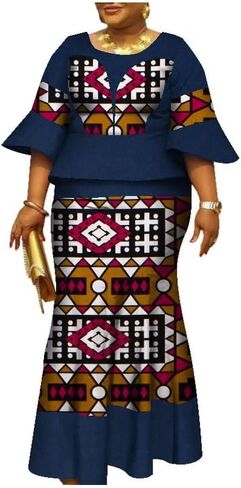 Women African Print Ankara Dresses Bazin Riche Ruffle Sleeve Dress Womens Skirt Set in Saudi Arabia