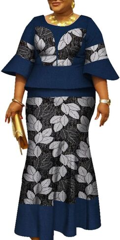 Women African Print Ankara Dresses Bazin Riche Ruffle Sleeve Dress Womens Skirt Set in Saudi Arabia