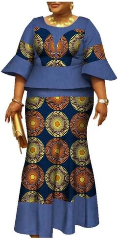 Women African Print Ankara Dresses Bazin Riche Ruffle Sleeve Dress Womens Skirt Set in Saudi Arabia