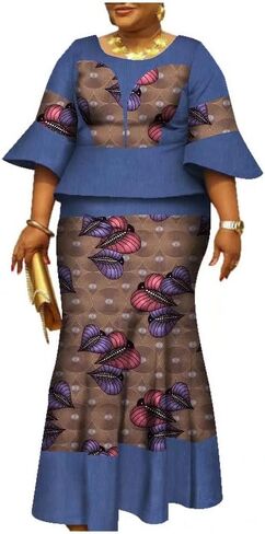 Women African Print Ankara Dresses Bazin Riche Ruffle Sleeve Dress Womens Skirt Set in Saudi Arabia