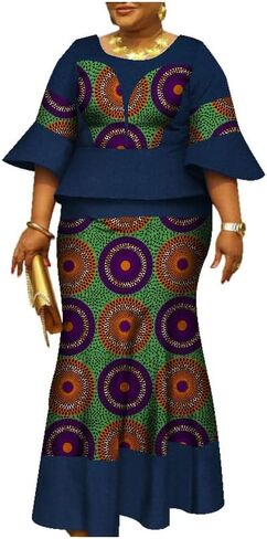 Women African Print Ankara Dresses Bazin Riche Ruffle Sleeve Dress Womens Skirt Set in Saudi Arabia