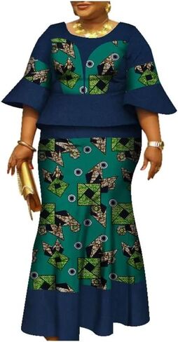 Women African Print Ankara Dresses Bazin Riche Ruffle Sleeve Dress Womens Skirt Set in Saudi Arabia