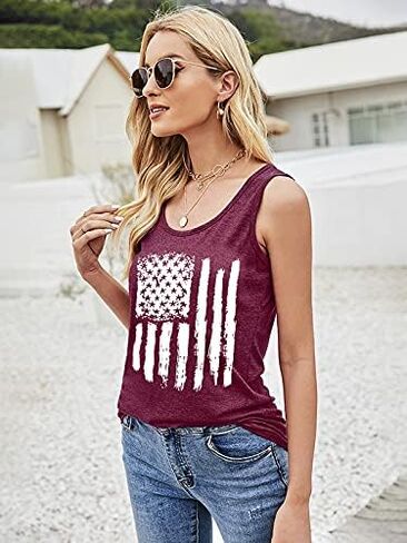 الولايات المتحدة الأمريكية العلم طباعة تانك القمم المرأة الأمريكية النجوم المشارب الوطنية تي شيرت الصيف سترة غير رسمية تيز in Kuwait