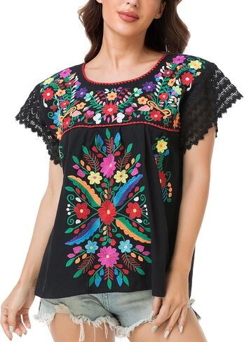 YZXDORWJ Women's Embroidered Mexican Peasant Blouse Mexico Summer Shirt Short Sleeve in Kuwait