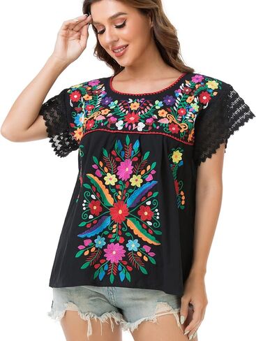 YZXDORWJ Women's Embroidered Mexican Peasant Blouse Mexico Summer Shirt Short Sleeve in Kuwait