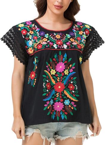 YZXDORWJ Women's Embroidered Mexican Peasant Blouse Mexico Summer Shirt Short Sleeve in Kuwait