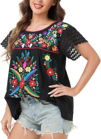 YZXDORWJ Women's Embroidered Mexican Peasant Blouse Mexico Summer Shirt Short Sleeve in Kuwait