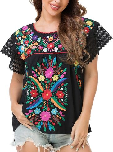 YZXDORWJ Women's Embroidered Mexican Peasant Blouse Mexico Summer Shirt Short Sleeve in Kuwait