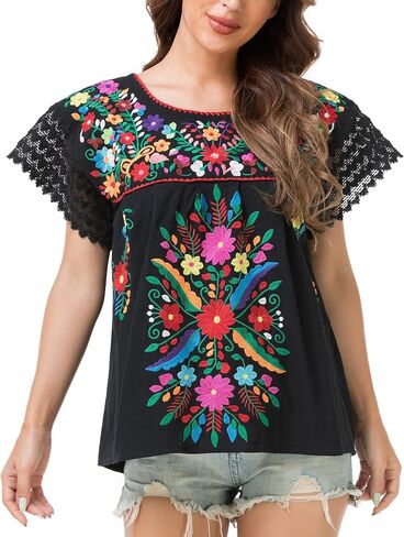 YZXDORWJ Women's Embroidered Mexican Peasant Blouse Mexico Summer Shirt Short Sleeve in Kuwait