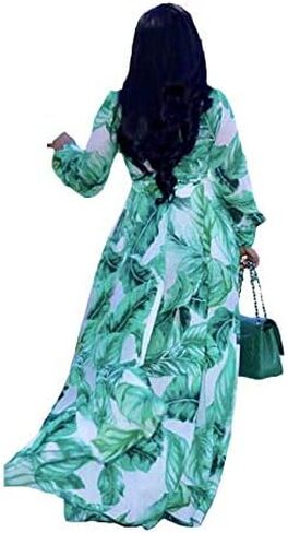 Nhicdns Women's V Neck Floral Maxi Dresses Long Sleeves Casual Bohemian Loose Dress Plus Size in Saudi Arabia