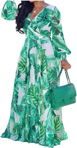 Nhicdns Women's V Neck Floral Maxi Dresses Long Sleeves Casual Bohemian Loose Dress Plus Size in Saudi Arabia