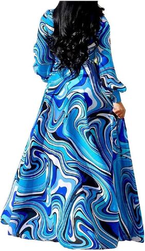 Nhicdns Women's V Neck Floral Maxi Dresses Long Sleeves Casual Bohemian Loose Dress Plus Size in Saudi Arabia