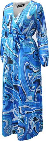 Nhicdns Women's V Neck Floral Maxi Dresses Long Sleeves Casual Bohemian Loose Dress Plus Size in Saudi Arabia