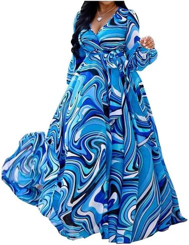 Nhicdns Women's V Neck Floral Maxi Dresses Long Sleeves Casual Bohemian Loose Dress Plus Size in Saudi Arabia