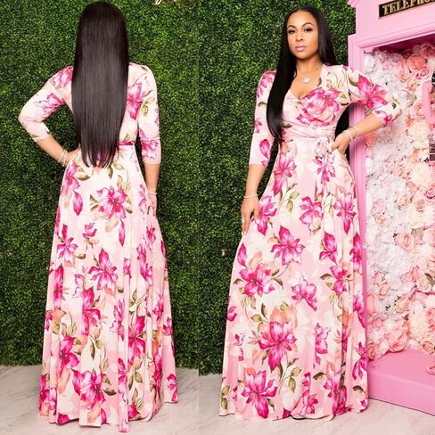 فستان نسائي طويل من Nhicdns برقبة على شكل V وأكمام طويلة كاجوال بوهيمي فضفاض مقاس كبير in Kuwait