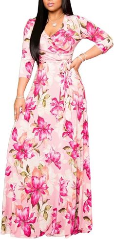 فستان نسائي طويل من Nhicdns برقبة على شكل V وأكمام طويلة كاجوال بوهيمي فضفاض مقاس كبير in Kuwait