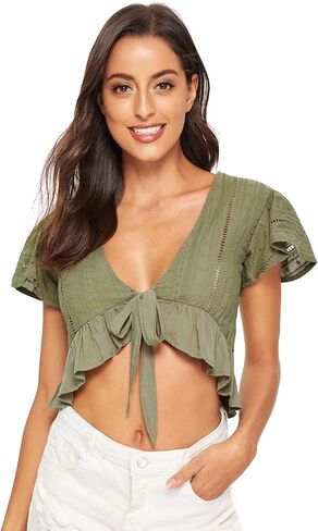 Floerns Women's Summer Plunging V Neck Knot High Low Hem Crop Top in Saudi Arabia