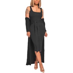 Aro Lora Womens 2 Piece Outfits Open Front Cardigan Tie Knot Tank Bodycon Midi Dress Set Clubwear