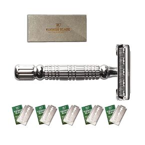 VIKINGS BLADE Double Edge Safety Razor for Men + 5 Swedish Steel Blades + Luxury Case. Smooth, Reusable, Eco-Friendly (The Chieftain)