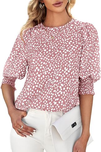 Teurkia Women's Polka Dot 3/4 Sleeve Blouse Tops Ladies Casual Office Work Crew Neck T-Shirt in Saudi Arabia
