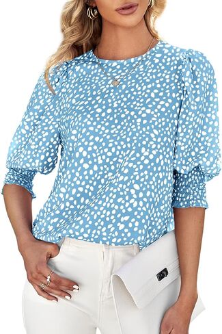 Teurkia Women's Polka Dot 3/4 Sleeve Blouse Tops Ladies Casual Office Work Crew Neck T-Shirt in Saudi Arabia