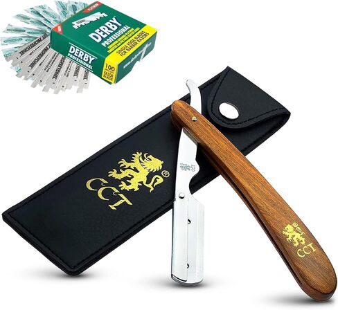 The Cambridge Cutthroat® Straight Edge Razor Kit with 10 Blades Missanda Hardwood & Stainless Steel Professional Barber Cut Throat Razor, Premium Mens Single Blade Razor Shaver, Moustache & Beard Shaper Trimmer, Leather Travel Pouch Included in Kuwait