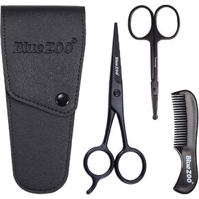 BlueZOO Beard Mustache Scissors and Comb Kit with PU Storage Bag, Rounded Safety Nose Hair Scissor for Men and Women Care Grooming, Ear Trimming Tool, Shears for Personal Grooming, Cutting & Styling