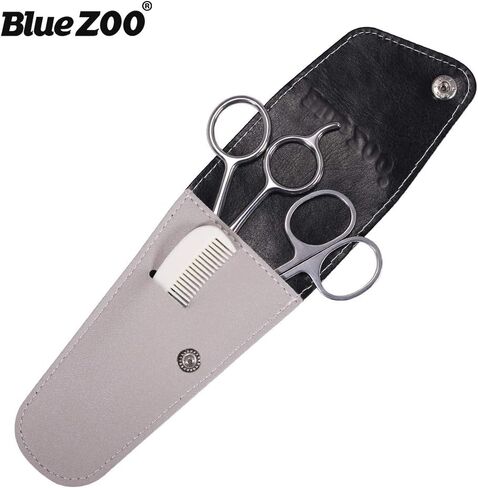 BlueZOO Beard Mustache Scissors and Comb Kit with PU Storage Bag, Rounded Safety Nose Hair Scissor for Men and Women Care Grooming, Ear Trimming Tool, Shears for Personal Grooming, Cutting & Styling in Kuwait