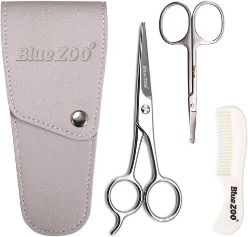 BlueZOO Beard Mustache Scissors and Comb Kit with PU Storage Bag, Rounded Safety Nose Hair Scissor for Men and Women Care Grooming, Ear Trimming Tool, Shears for Personal Grooming, Cutting & Styling in Kuwait