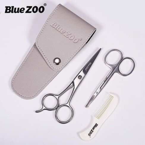 BlueZOO Beard Mustache Scissors and Comb Kit with PU Storage Bag, Rounded Safety Nose Hair Scissor for Men and Women Care Grooming, Ear Trimming Tool, Shears for Personal Grooming, Cutting & Styling in Kuwait