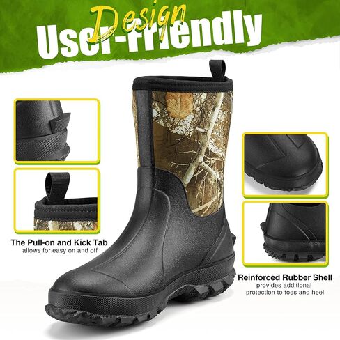 TIDEWE Rubber Boots for Men, 5.5mm Neoprene Insulated Rain Boots with Steel Shank, Waterproof Mid Calf Hunting Boots, Durable Rubber Work Boots for Farming Gardening Fishing (Black & Realtree Edge Camo, Size 5-14) in Saudi Arabia