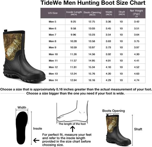 TIDEWE Rubber Boots for Men, 5.5mm Neoprene Insulated Rain Boots with Steel Shank, Waterproof Mid Calf Hunting Boots, Durable Rubber Work Boots for Farming Gardening Fishing (Black & Realtree Edge Camo, Size 5-14) in Saudi Arabia