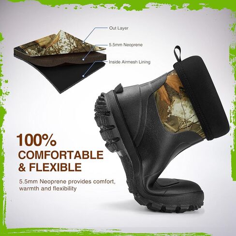 TIDEWE Rubber Boots for Men, 5.5mm Neoprene Insulated Rain Boots with Steel Shank, Waterproof Mid Calf Hunting Boots, Durable Rubber Work Boots for Farming Gardening Fishing (Black & Realtree Edge Camo, Size 5-14) in Saudi Arabia