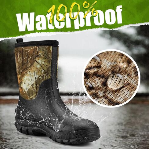 TIDEWE Rubber Boots for Men, 5.5mm Neoprene Insulated Rain Boots with Steel Shank, Waterproof Mid Calf Hunting Boots, Durable Rubber Work Boots for Farming Gardening Fishing (Black & Realtree Edge Camo, Size 5-14) in Saudi Arabia