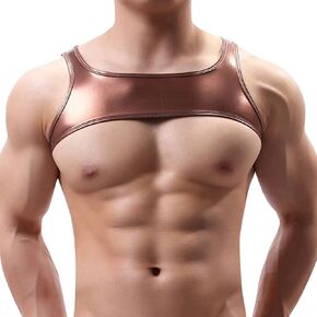 Men's Metallic Shiny Sleeveless Sport Chest Harness Half Muscle Crop Tank Top Slim Fit Strap T-Shirt Stage Clubwear