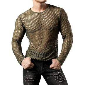 JOGAL Men's Mesh Fishnet Fitted Long Sleeve Muscle Top
