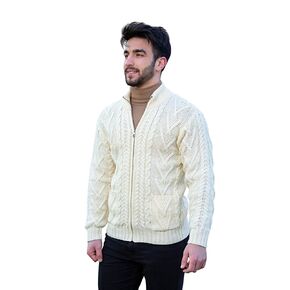 100% Merino Wool Men's Zipper Cable Knit Winter Warm Cardigan Sweater with Pockets in Charcoal/Army Green in Saudi Arabia