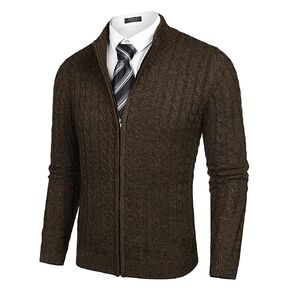 Coofandy Men's Full Zip Cardigan Sweater Slim Fit Cable Knitted Zip Up Sweater with Pockets