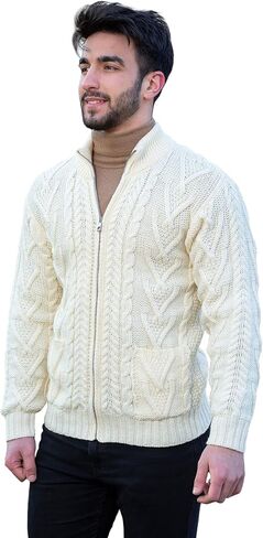100% Merino Wool Men's Zipper Cable Knit Winter Warm Cardigan Sweater with Pockets in Charcoal/Army Green in Kuwait