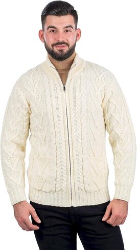 100% Merino Wool Men's Zipper Cable Knit Winter Warm Cardigan Sweater with Pockets in Charcoal/Army Green in Kuwait