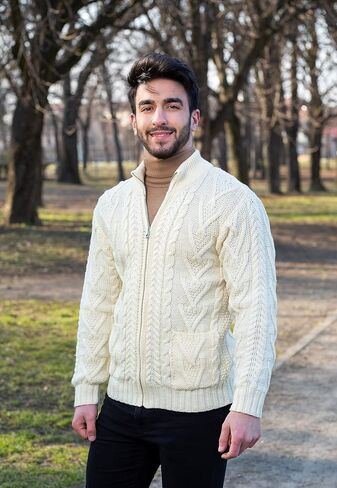 100% Merino Wool Men's Zipper Cable Knit Winter Warm Cardigan Sweater with Pockets in Charcoal/Army Green in Kuwait