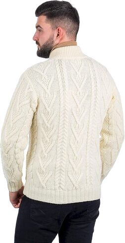 100% Merino Wool Men's Zipper Cable Knit Winter Warm Cardigan Sweater with Pockets in Charcoal/Army Green in Kuwait