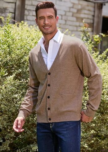 Kallspin Men’s Cardigan Sweater Cashmere Wool Blend V Neck Buttons Cardigan with Pockets in Kuwait