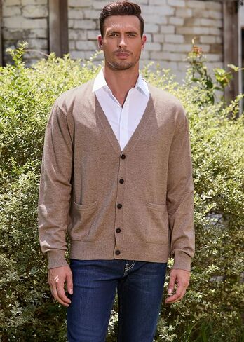 Kallspin Men’s Cardigan Sweater Cashmere Wool Blend V Neck Buttons Cardigan with Pockets in Kuwait