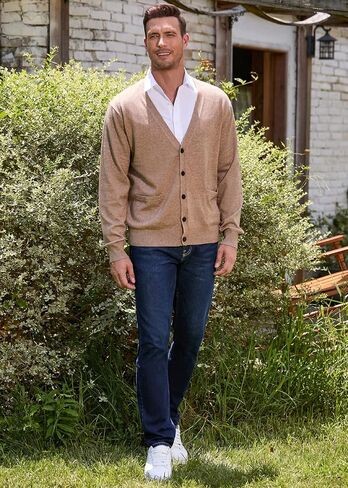 Kallspin Men’s Cardigan Sweater Cashmere Wool Blend V Neck Buttons Cardigan with Pockets in Kuwait