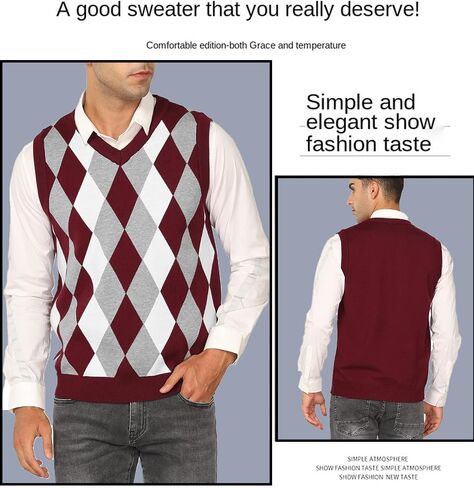 Amussiar Men's Casual Sweater Vest V-Neck Slim Fit Sleeveless Sweater Knitted Pullover Vest in Saudi Arabia